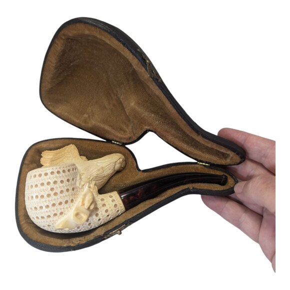 Vintage Hand-Carved Meerschaum Eagle Head Wings Tobacco Pipe With Case Unused - Picture 2 of 13